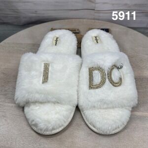 Dearfoams I Do Faux Fur Bridal Slide Slippers Womens Size L White New